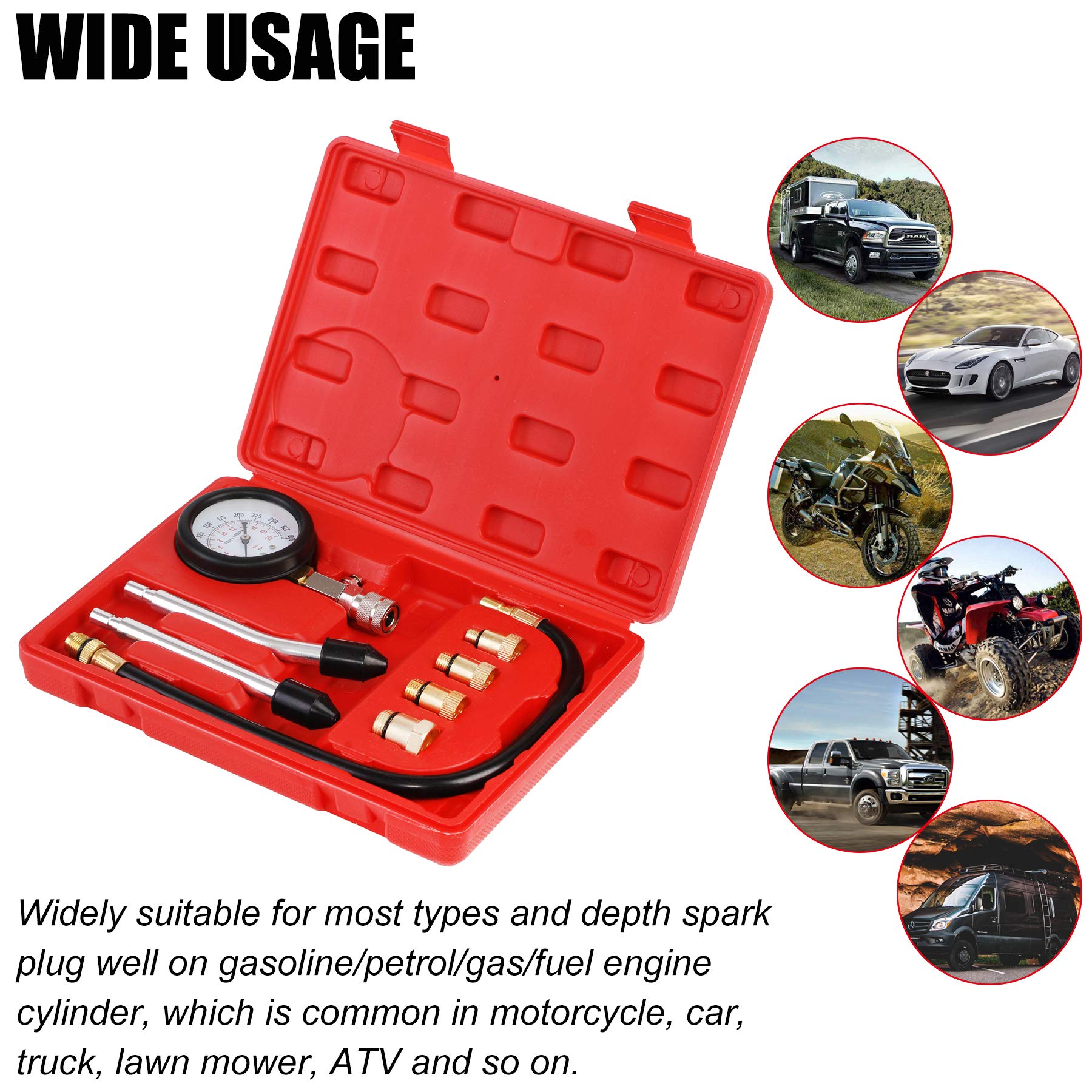 Compression Tester Kit, Small Engine Cylinder Test Pressure Gauge Tool Set for Testing Motorcycle Car Automobile Gas Engine