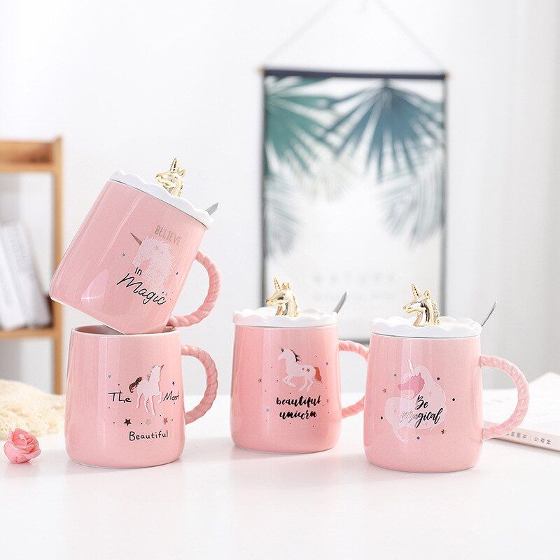 Taza de unicornio rosa, Taza de cerámica con tapa, cuchara creativa, tazas de café de agua