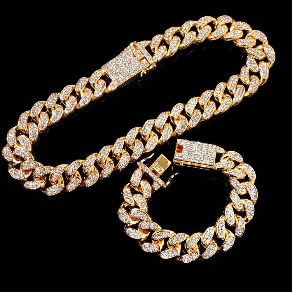 Collana girocollo da donna cubana spessa da 20MM con pavé di strass con strass ghiacciato Bling collane cubane gioielli anca-salto musica rock festa: oro 2 pezzo impostato