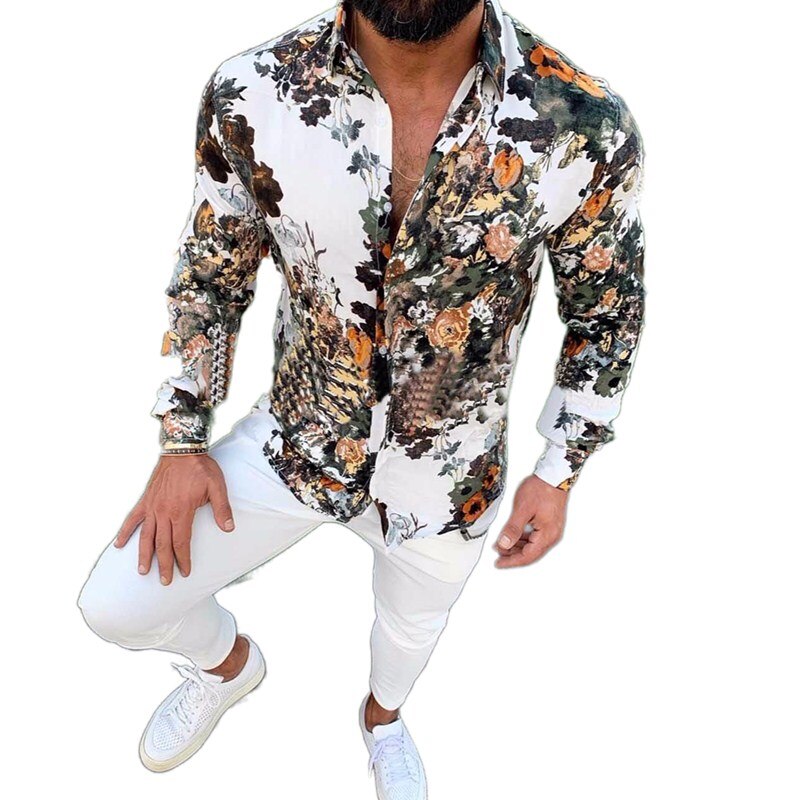Hawaiisk stil mænds langærmet print ferie plus størrelse afslappet stand krave knap løs skjorte komfort toppe s -3xl: S