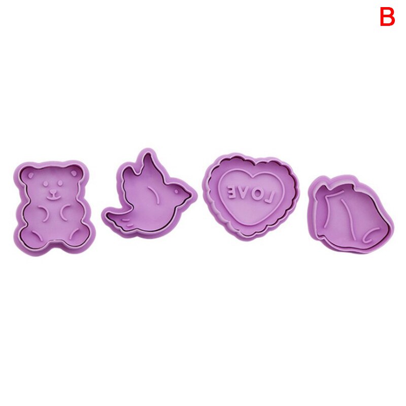 4 st/set livsmedelsklassad plast julform kakskärare köksbakverktyg kolvstämpel fondant tårtdekoreringsverktyg: B
