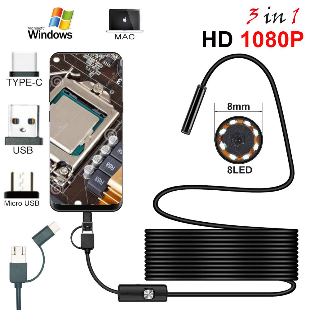 Full HD 1080 p Endoscoop Camera MicroUsb Type-C Android Smartphone 2 M 5 M Hard Flexibele Draad 8mm Endoscopie Camera Inspectie