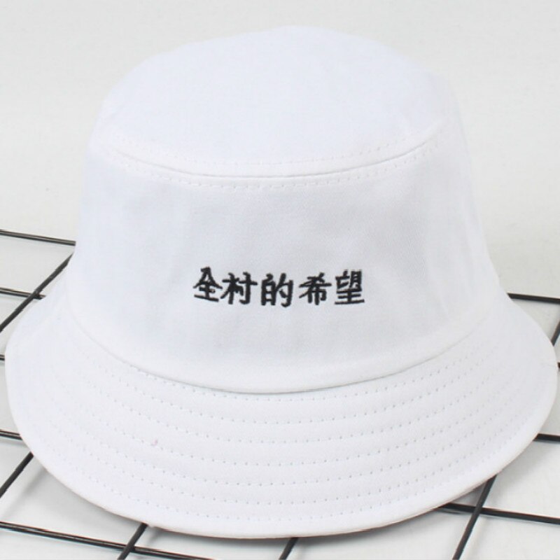 Broderi kinesisk bogstav spand hat hip hop udendørs sommer japansk rejse hat ferie kvinder sol panama fisker kasket: Hvid