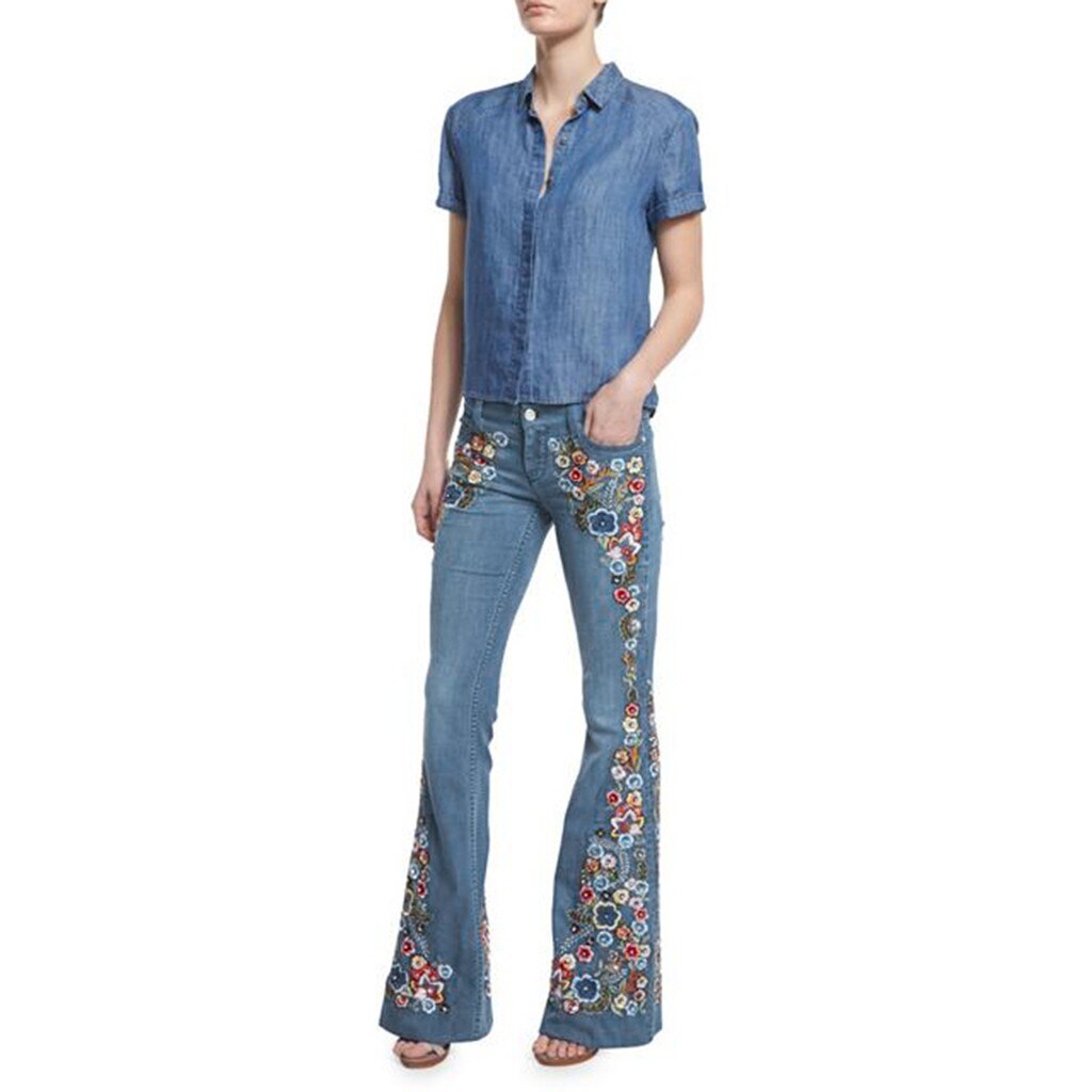 Femmes broderie Flare jean bouton taille cloche bas Denim pantalon été décontracté pantalon 2.22