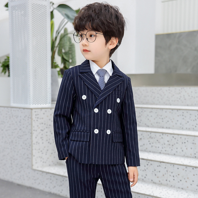 Boy Striped Suit Jacket Kids Formal Tuxedo Dress Double breasted Clothes Sets Child Wedding Morning Coat Blazer Pants Costumes