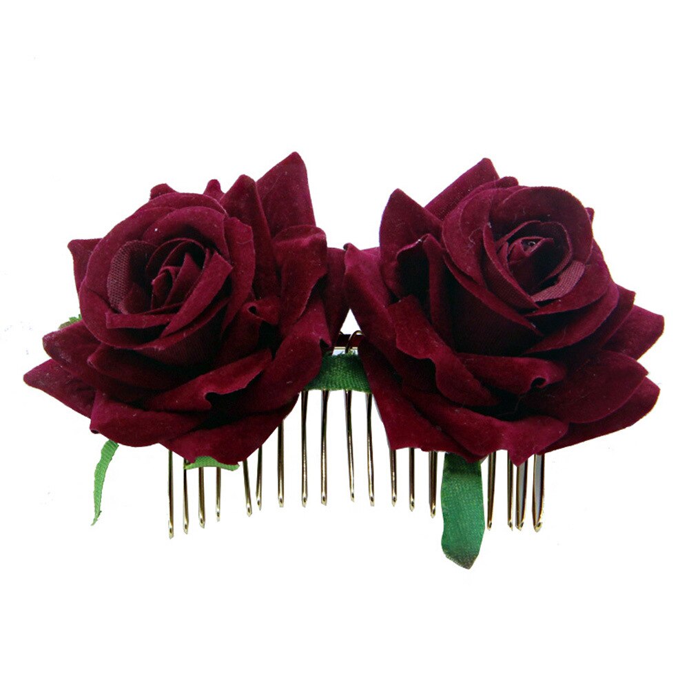 White/Red Rose Flower Hair Combs Wedding Bridal Jewelry Women Prom Headpiece Charm Hair Accessories Hair Pins Clips: wine red