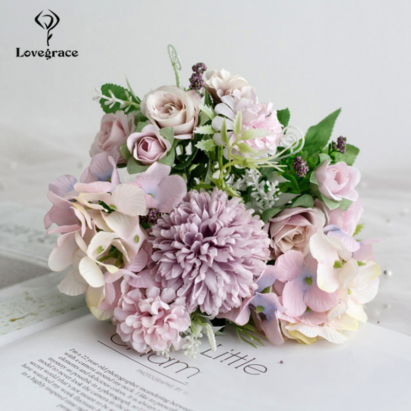 Bouquet de mariage Lovegrace soie artificielle Rose pivoine fleur mariée Bouquet Rose hortensia pompon bourgeon vanille épi fourniture de mariage: rose-purple