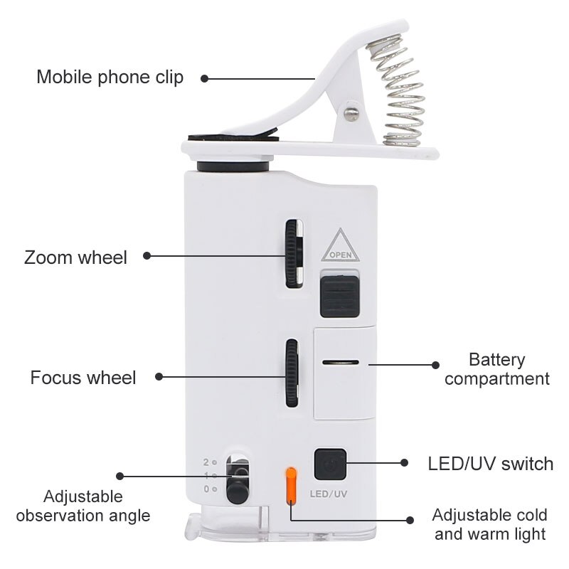 60X-100X Mini Microscope Portable Universal Clip Microscope Smartphone Microscope Magnifying Glass with LED UV Light Magnifiers