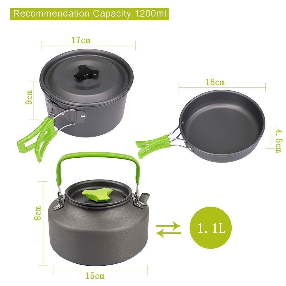 3pcs/Set Camping Hiking Cookware Utensils Ultra-light Aluminum Alloy Outdoor Cooking Teapot Picnic Tableware Kettle Frying Pan: green