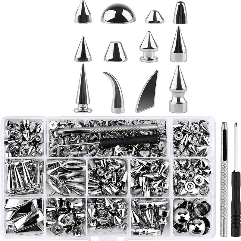 270Set Spikes And Studs,Mixed Shape Punk Spike Rivets Metallic Cone Screw Back Studs With Install Tool For Leather Craft Retail