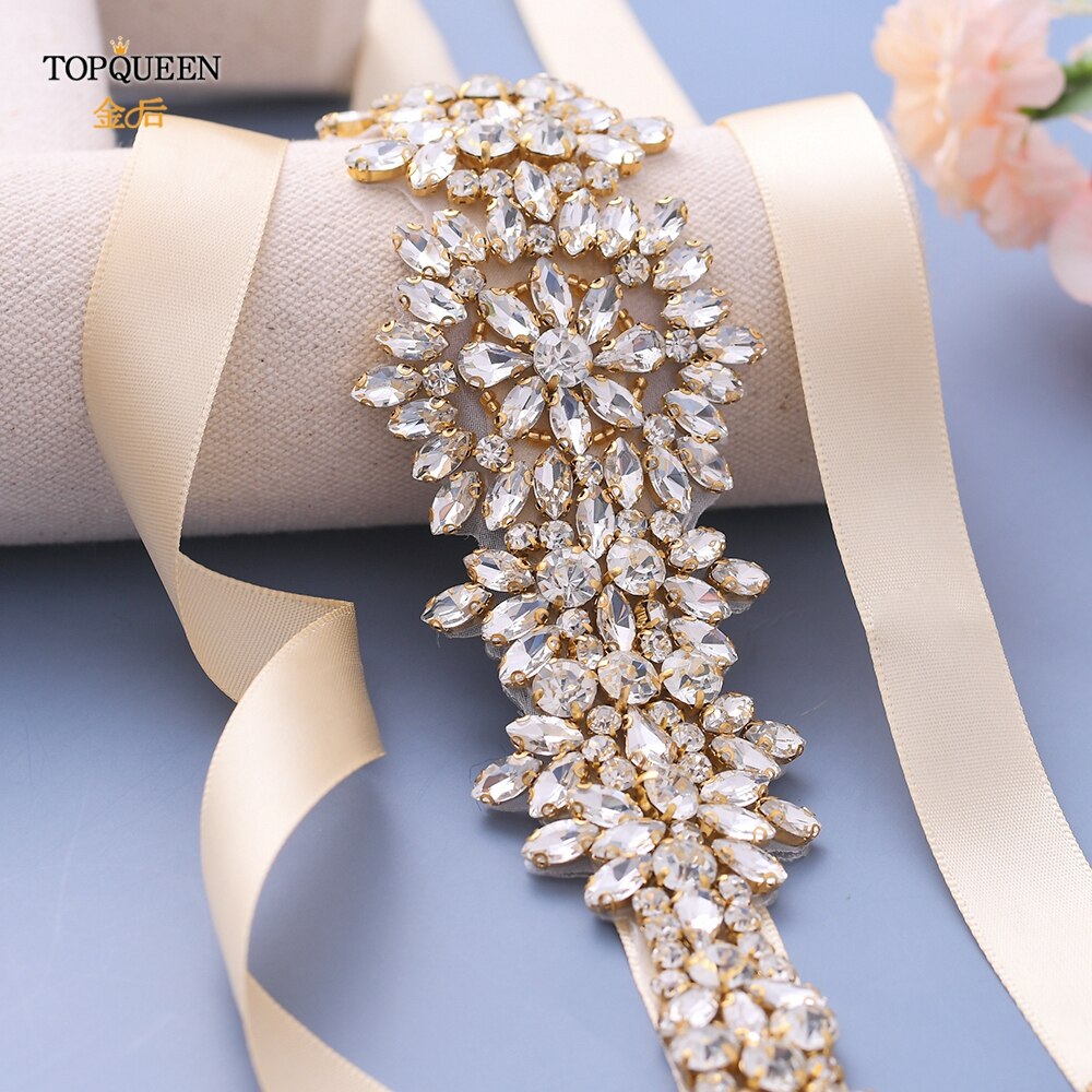 TOPQUEEN-cinturones para vestidos de novia de talla grande S319-G, cinturones dorados para mujer, cinturón de diamantes de imitación, cinta de lujo para novia, faja de boda
