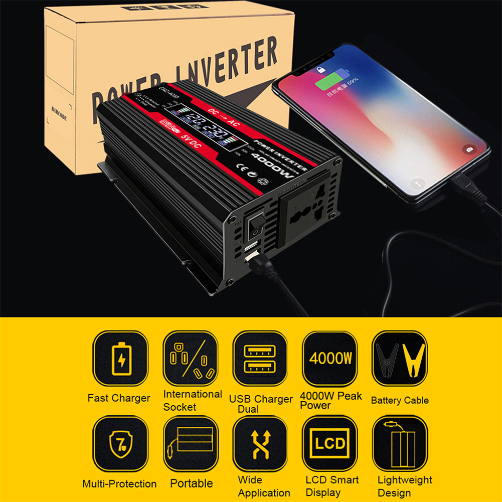 Inversor de energía Solar para coche, convertidor de onda sinusoidal pura, Panel Solar, USB Dual, 4000W, cc 12V a CA 110V/220V