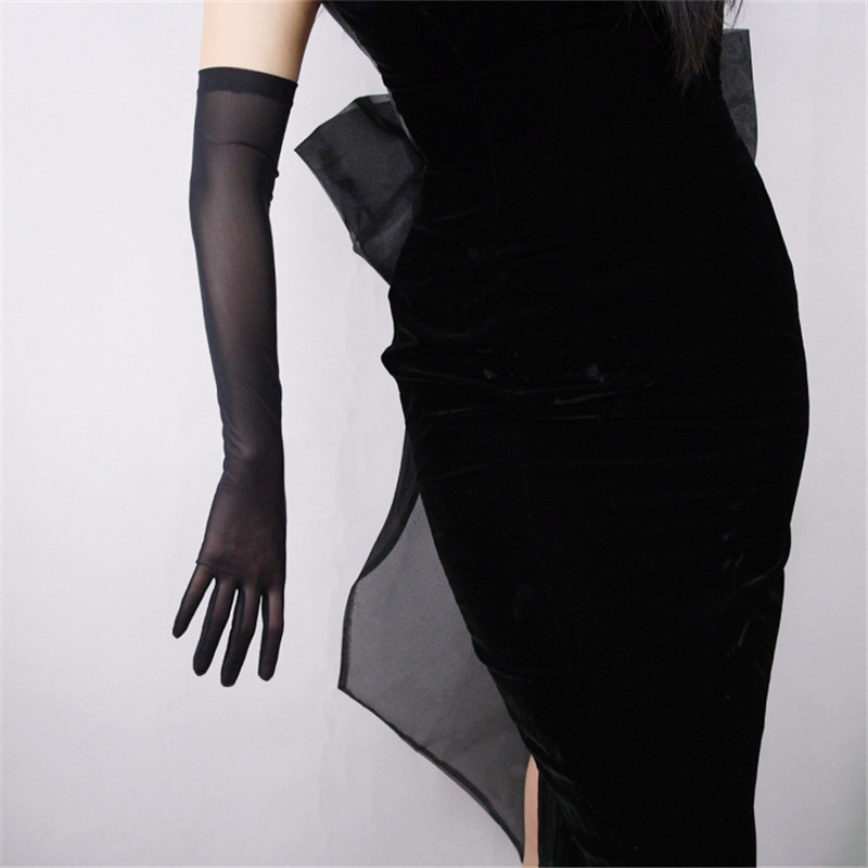 Women Gloves White Silk Elastic Lace Ultra-Thin Long Style Woman's Black Retro Mesh Evening Vestido Gloves TB67: Black