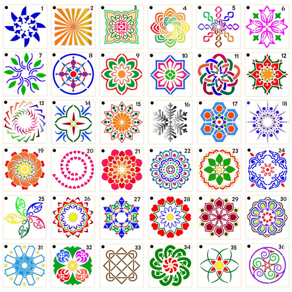 Mandala pontilhando ferramentas de pintura acrílico ferramenta de arte do prego ferramentas de mão conjunto de gravura cerâmica ultra-leve com estênceis: 36pcs Stencils