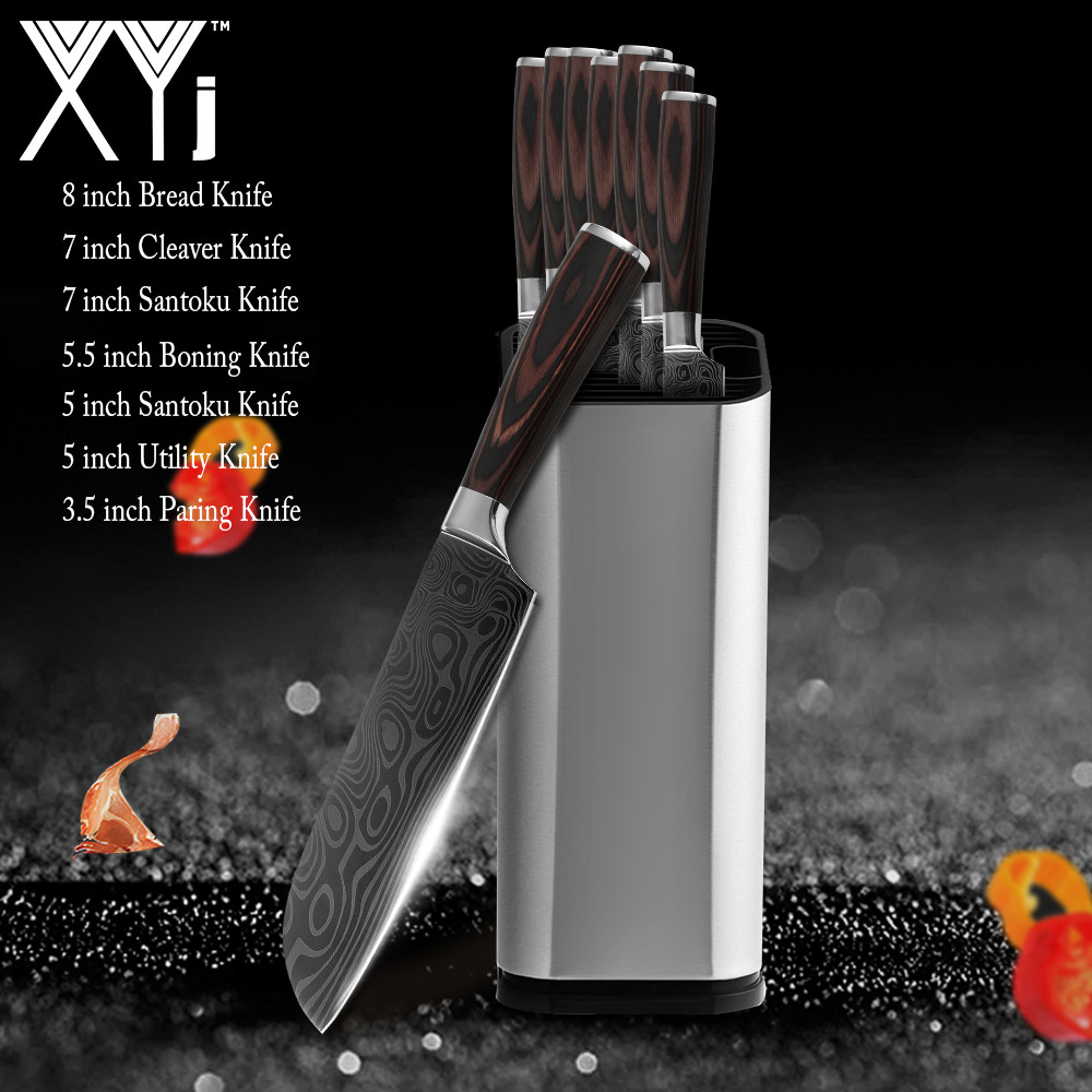 Japanse Keuken Mes Set Mes Covers Uitbenen Brood Eviscerate Gesneden Fruit Scherpe Nut Santoku Damascus Patroon Koken: 8 Pcs  Value set 02