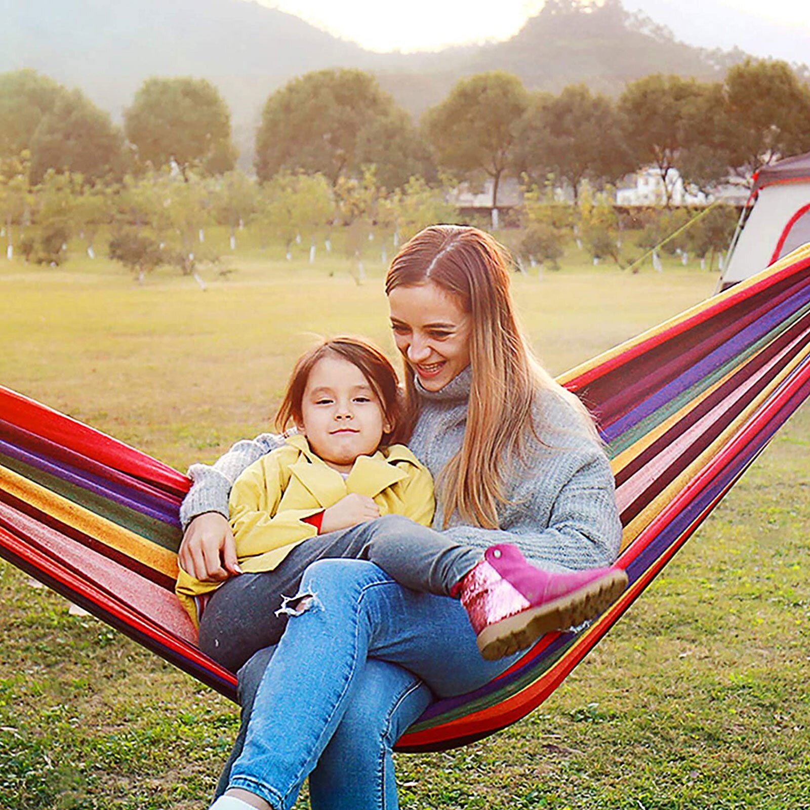 Double Hammock 2 Slings Included Hanging Camping Swing Bed for Kids Adults Lazy Hammock Swing for Patio Park Porch Garden