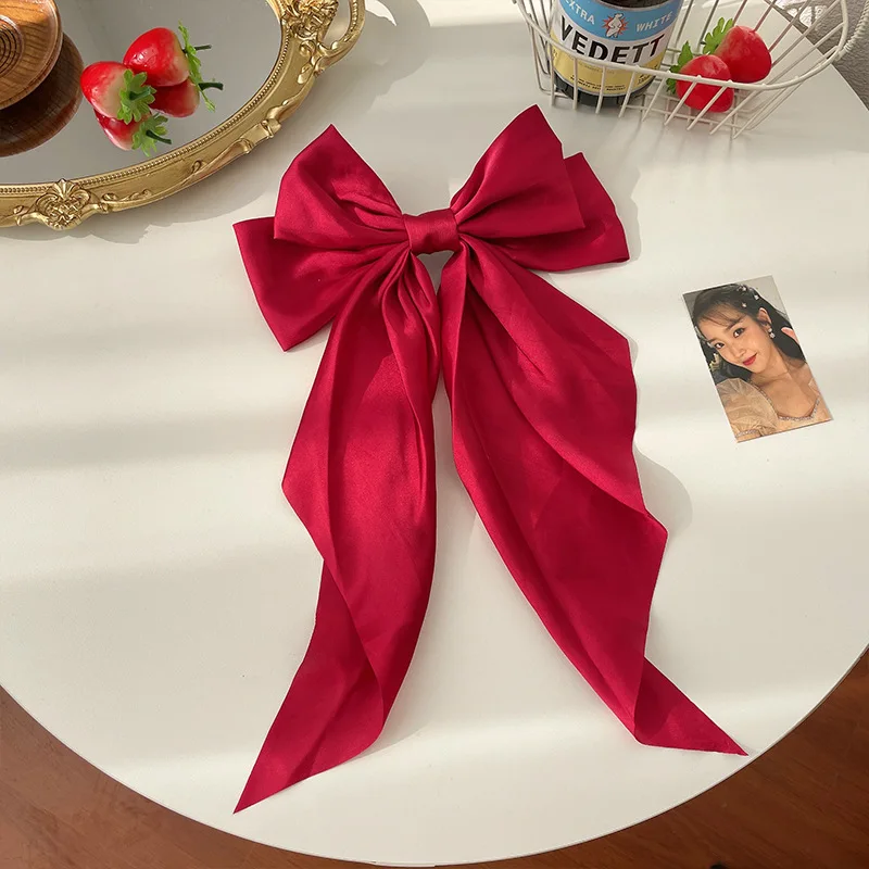 1 Uds. Cinta de satén de Color sólido, lazos grandes, horquilla, Clips de primavera, accesorios para el cabello para mujeres y niñas, sombreros coreanos de de verano 2023: Rojo