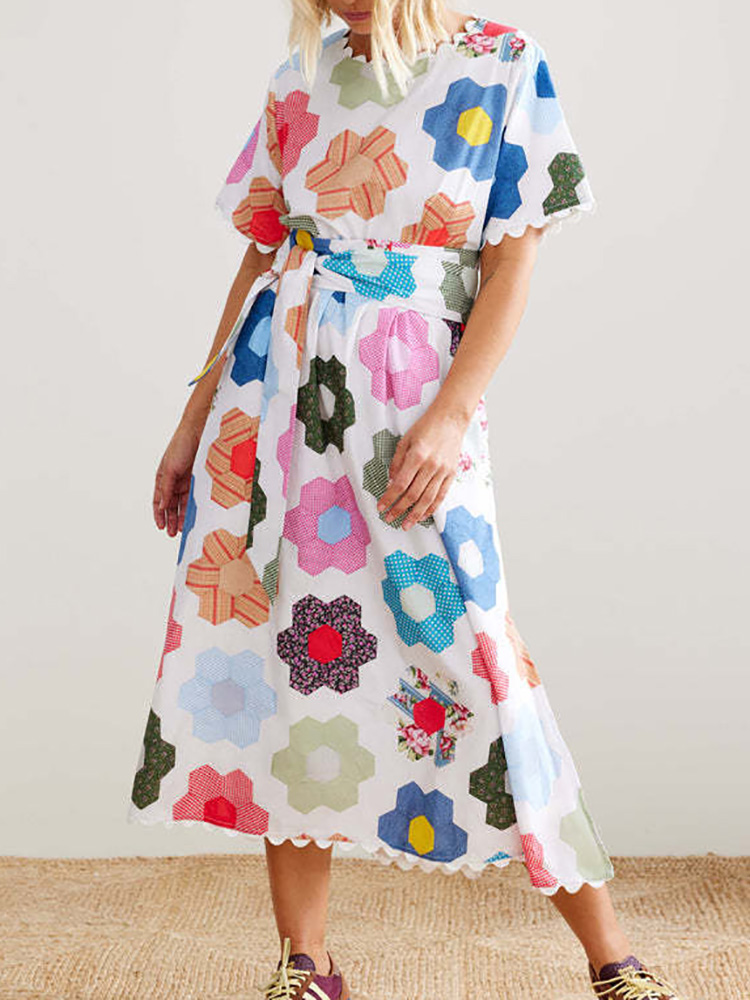 O Neck Casual Female Patchwork Maxi Dress, Women Summer Short Sleeve Chic Party Dress, Printed Ladies Dress