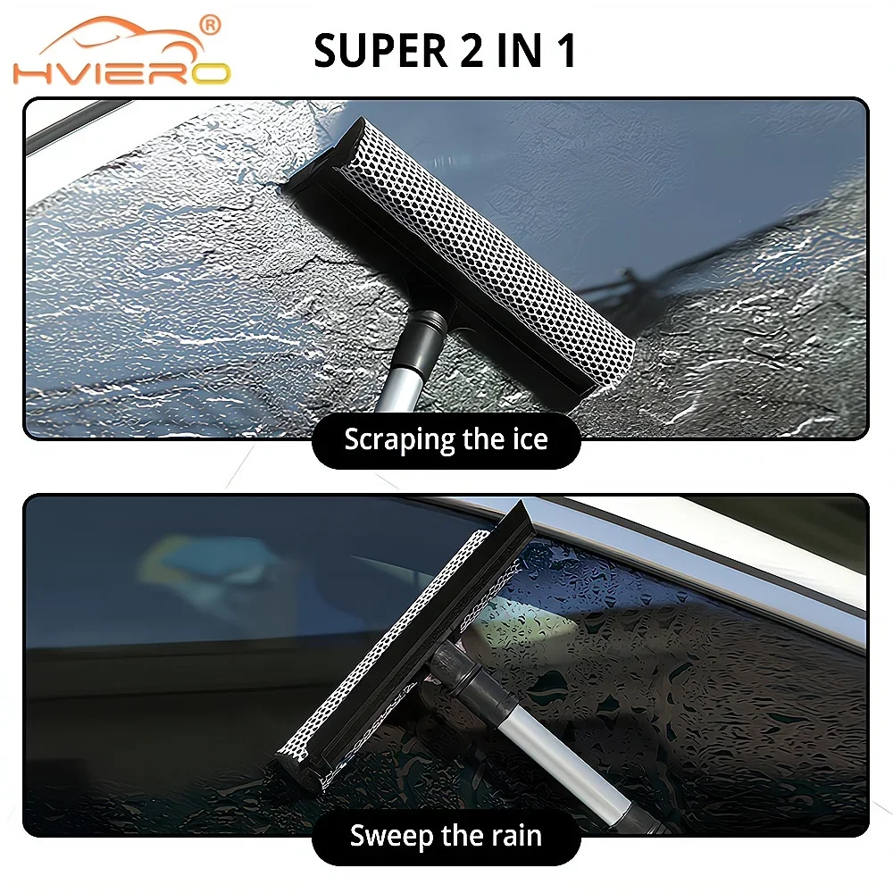 Limpador de carro retrátil, cabo longo, dupla face, multifuncional, aço inoxidável, escova de janela, limpador de vidro, raspador, esponjas, ferramentas