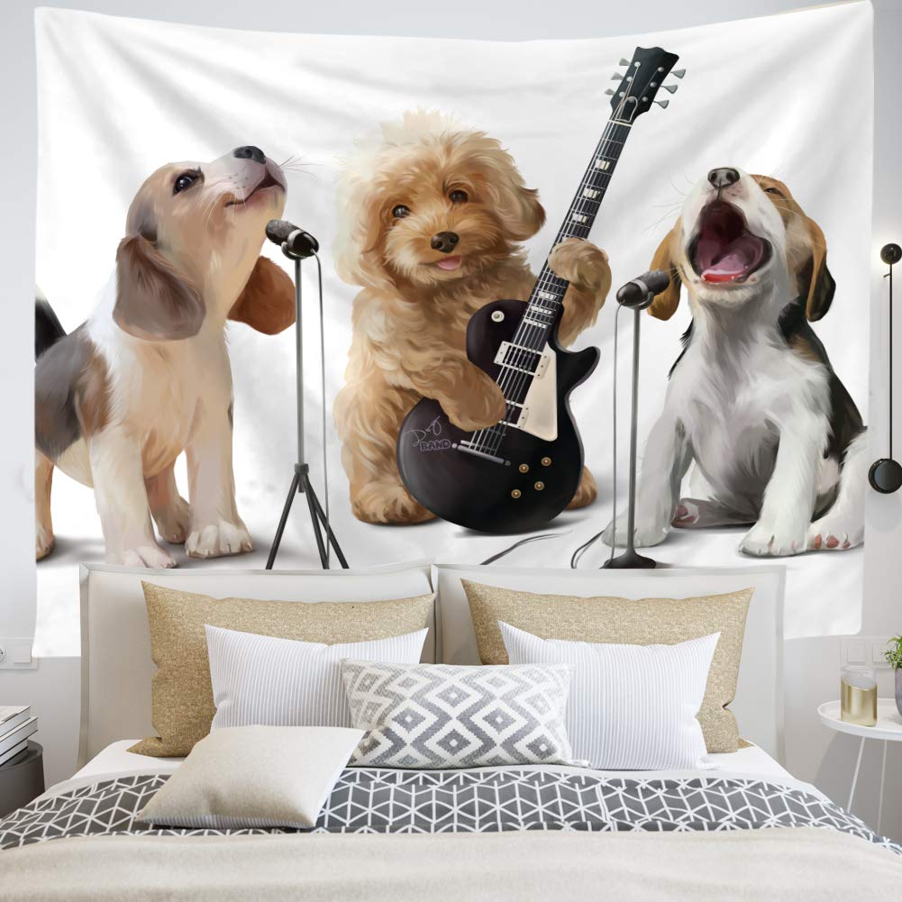 Grappige Lachende Indy Muzikant Pug Hond Gitaar Spelen En Zingen Lied Rock Roll Thema Tapestry