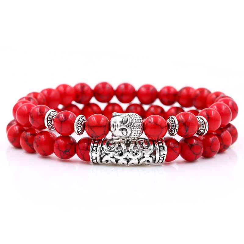 2PCS/Set Buddha Head Charm Natural 8mm Stone Beads Bracelet Sets For Women Men Braiding Macrame Bracelet Set Charm Bangle: BA-053(6)