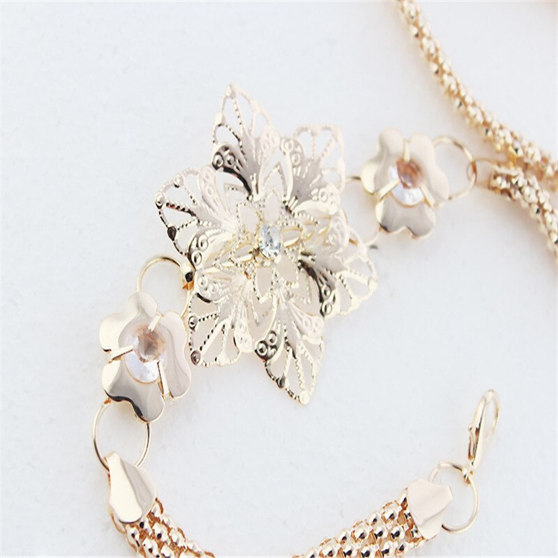 Cinturón de cadena dorado con flores para mujer, cinturón de Metal dorado y plateado para el sol