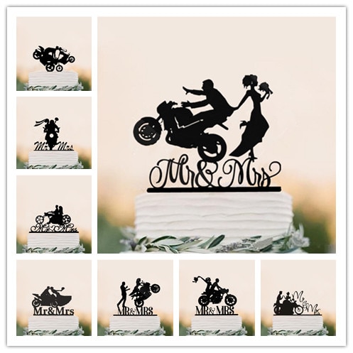 gemischt Lustige Stil Motorrad Paar Hochzeit Kuchen Deckel Acryl Braut Und Bräutigam Kuchen Deckel Herr & Frau Fahrrad Kuchen Deckel