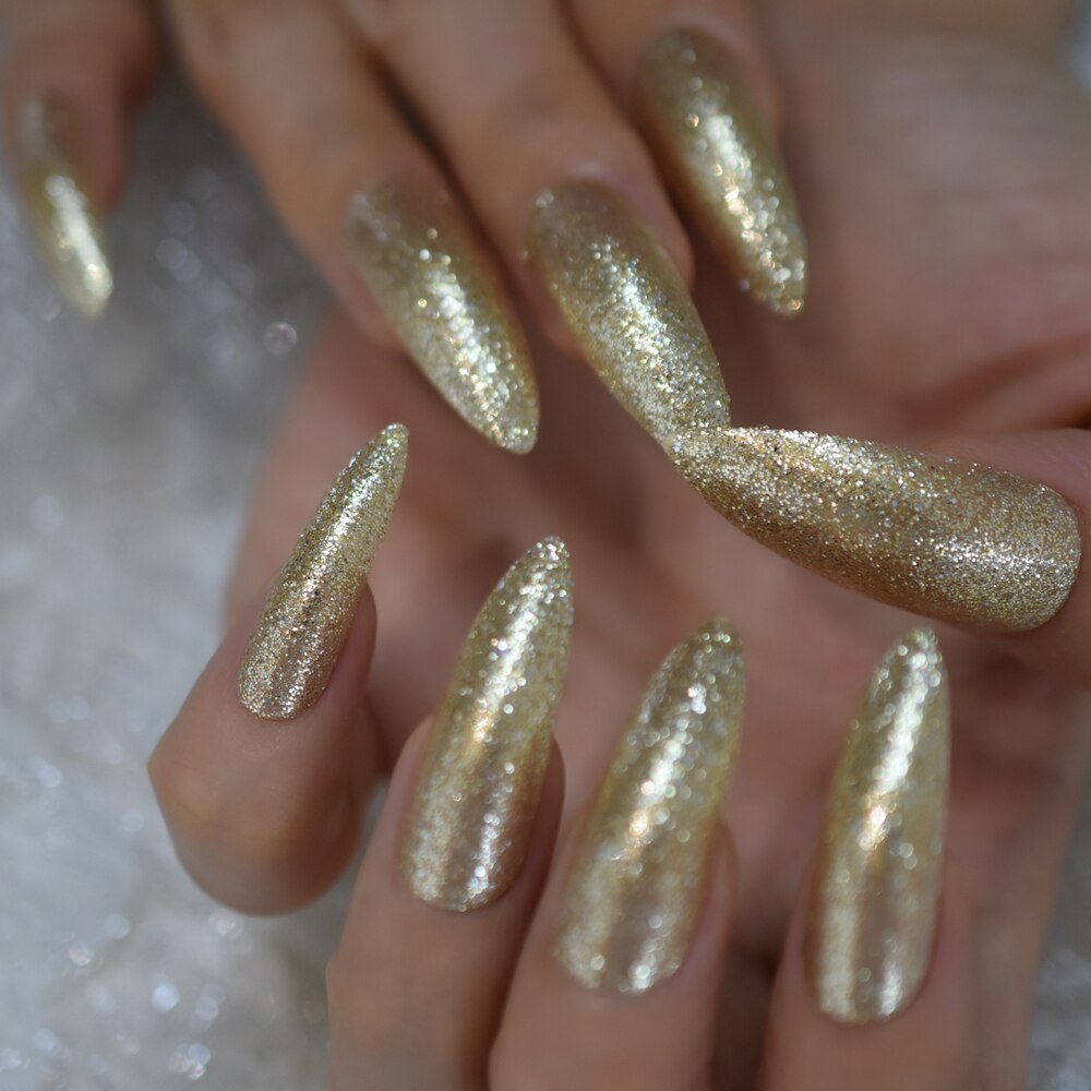 Extra Long Stiletto Faux Ongles Spirit Clear Nail Art Tips Gold Giltter Decorative Predesigned False Nails Shimmer for Party