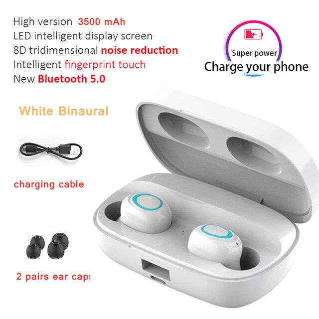 BEST TWS Bluetooth 5.0 Earphones Wireless Headphones Earbuds with 3500mAh Charging Box Noise Cancelling Headset for Smartphone: No led-white