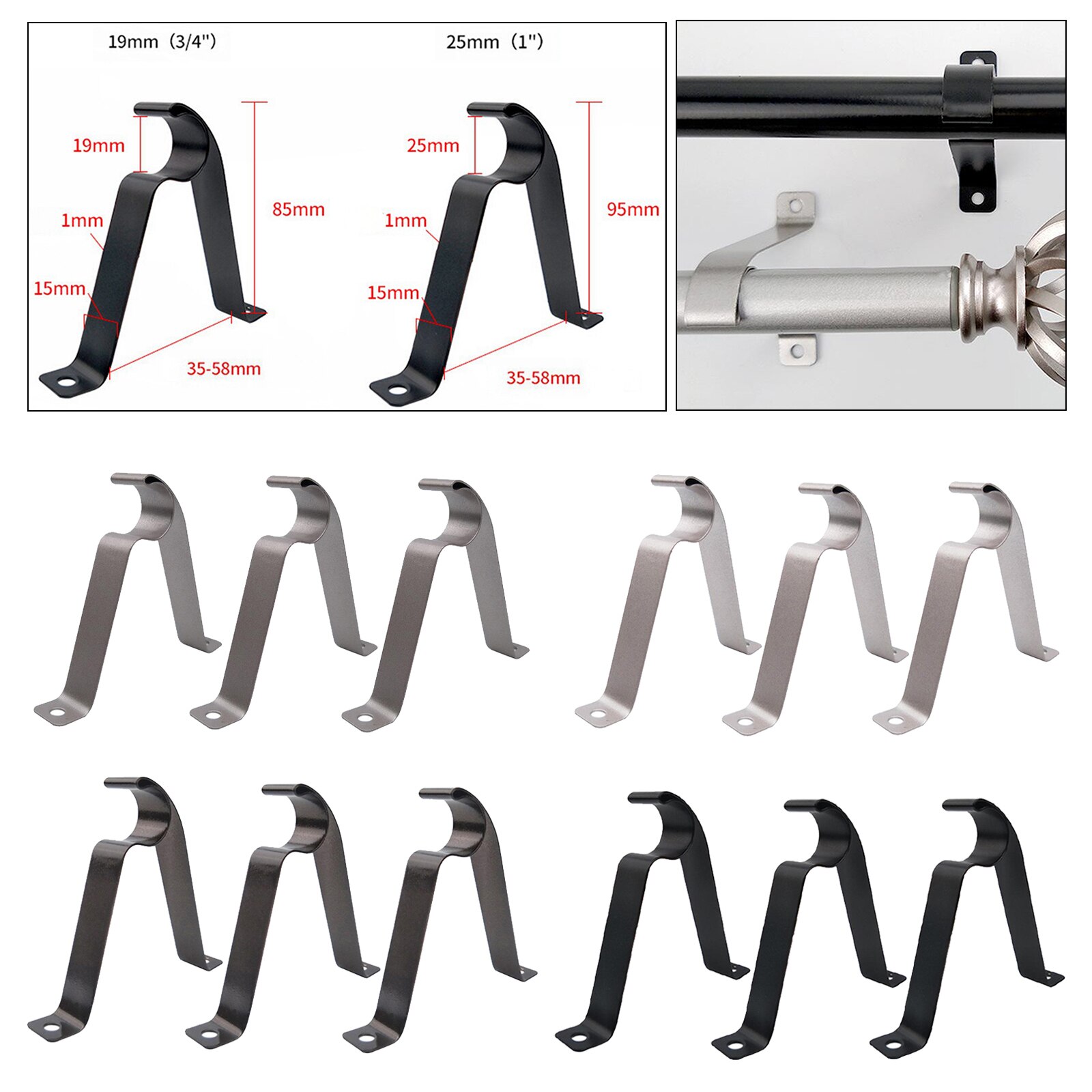 3pcs Curtain Rod Brackets Heavy Duty Metal R Type Rod Holders Support Curtain Pole Wall Brackets with Screw
