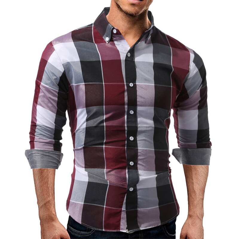 Moda masculina xadrez casual bonito blusa masculina fino ajuste camisas de manga longa algodão xadrez t camisas casual chemise homme: Vermelho / M