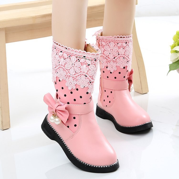Bottes chaudes en coton pour filles, chaussures d'hiver à la pour enfants, bottes de neige en cuir PU avec dentelle et nœud papillon: pink / 34