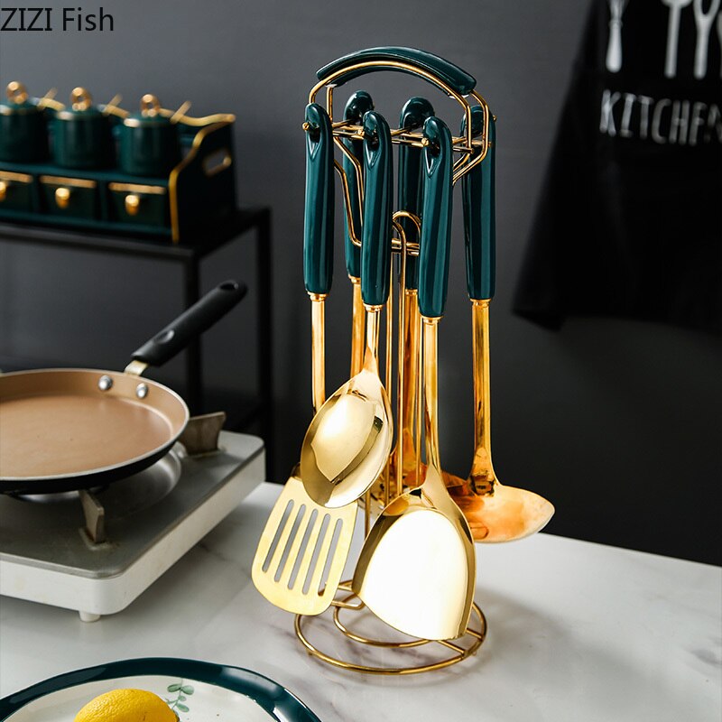 Nordic luxe roestvrijstalen lange spatel, schep, keukengereedschapset, antiaanbaklaag, handwok, schep, keramische handgreep, kookgerei