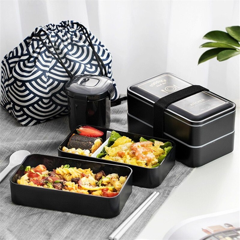 1200Ml 2 Lagen Gezonde Draagbare Lunchbox Plastic Opslag Voedsel Container Afgebakend Magnetron Lunch Bento Box Met Bestek