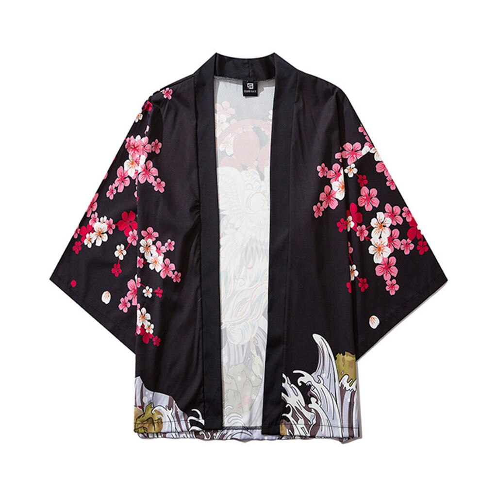 Casual de los hombres camisa de playa de verano japonés cinco punto Kimono con mangas unisex capa chaqueta blusa yukata #1,17: 6 / L2