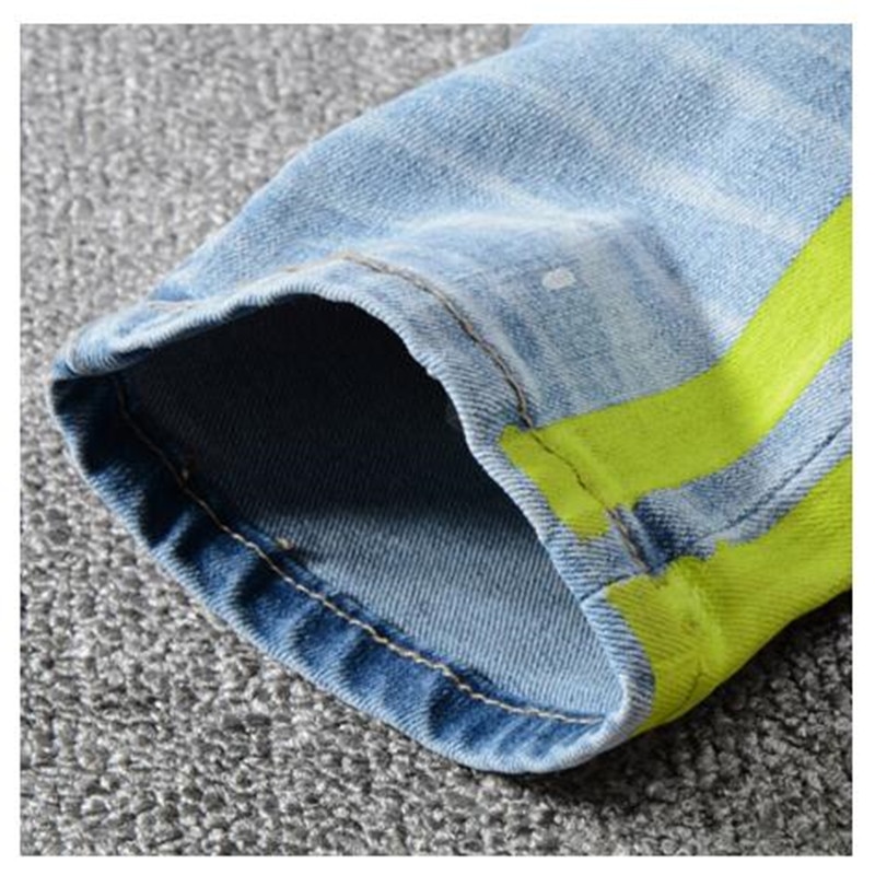Mænds neon gul farve linjer patchwork rippet jeans huller ødelagt denim stretch bukser