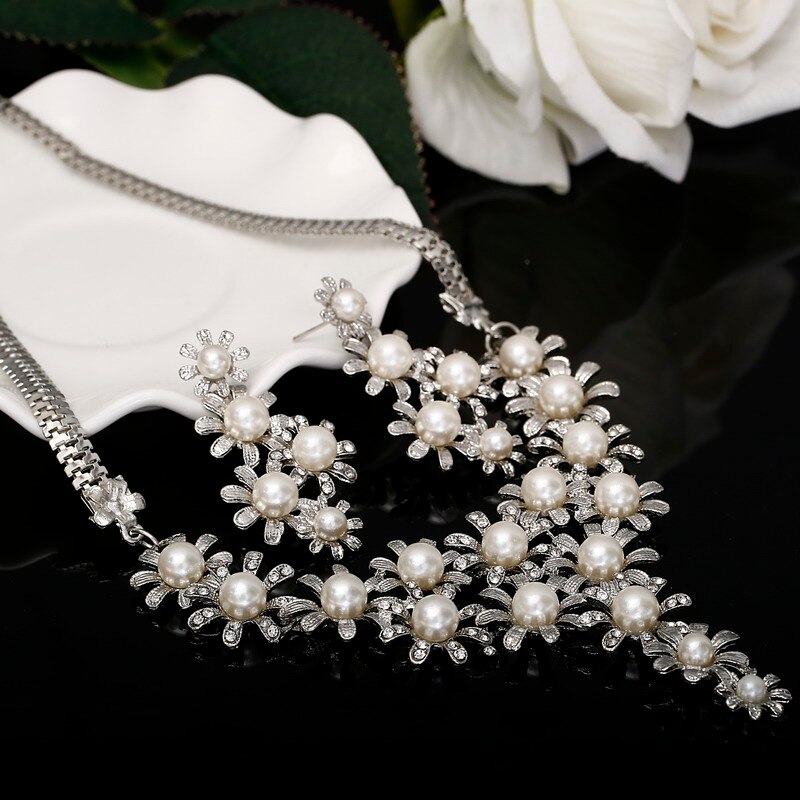 Klassieke vrouwen bruiloft sieraden set zilver kleur fijne ketting oorbellen accessoire