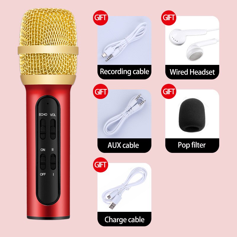 Leehur karaoke handhållen bärbar mikrofon sing recording live trådad mikrofon för dator iphone huawei xiaomi: Röd