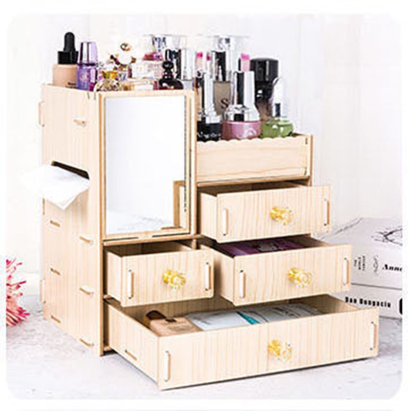 Organizador de maquillaje de madera con espejo, cajón de escritorio, organizador de cosméticos para mujer, tocador, lápiz labial, Perfume, caja de almacenamiento de joyería: Yellow Maple