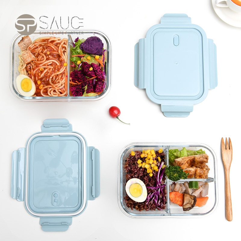 Lunch box, glass partition, heatable lunch box, rectangular lunch box, compartmentalized set, crisper for microwave oven