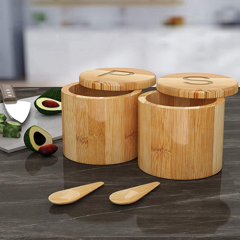 Bamboo Salt And Pepper Cellar,Spice Containers,Swivel Lids - 2 Boxes With Spoons - Engraved With S And P