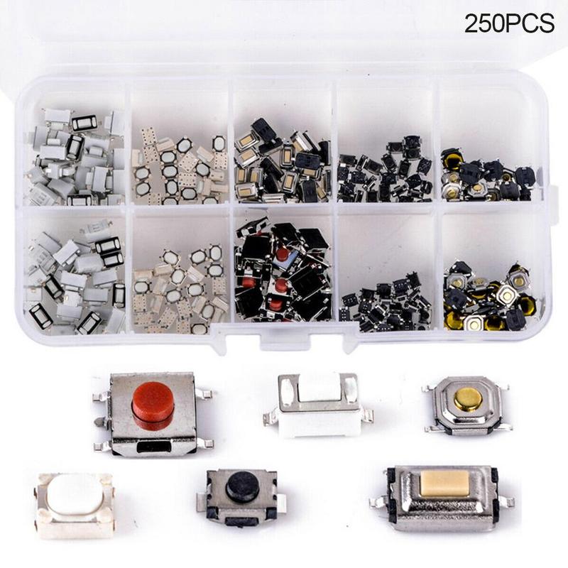 250 pcs Tactile Push Button Switch Kit 10 models Micro Momentary Switch Car Remote Control Key Button Switches Assortment Set