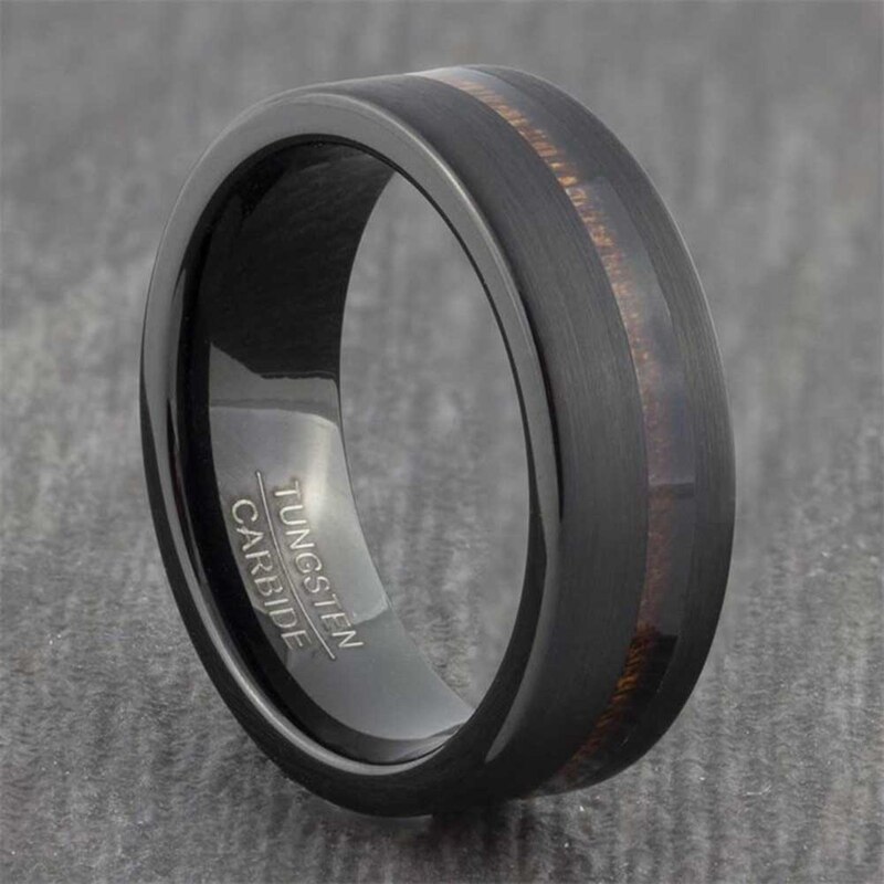 Men's Tungsten Carbide Ring Inlay Wood Black Stainless Steel Ring Wedding Band Anniversary