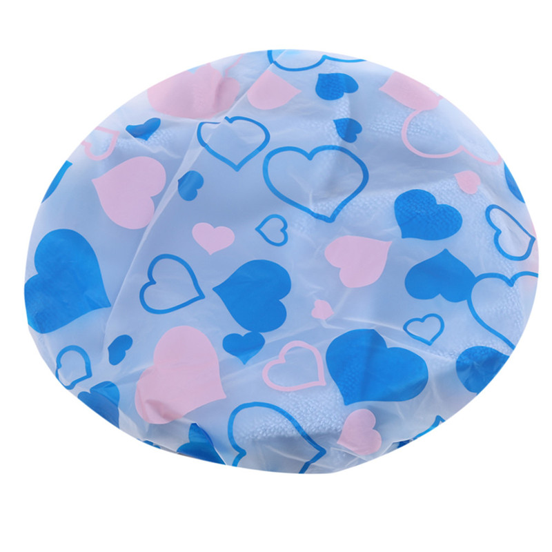 Cute Printing Elastic Shower Caps Thick Women Waterproof Shower Cap For Ladies Girl Hat Hair Bath Spa Shower Caps: Blue love