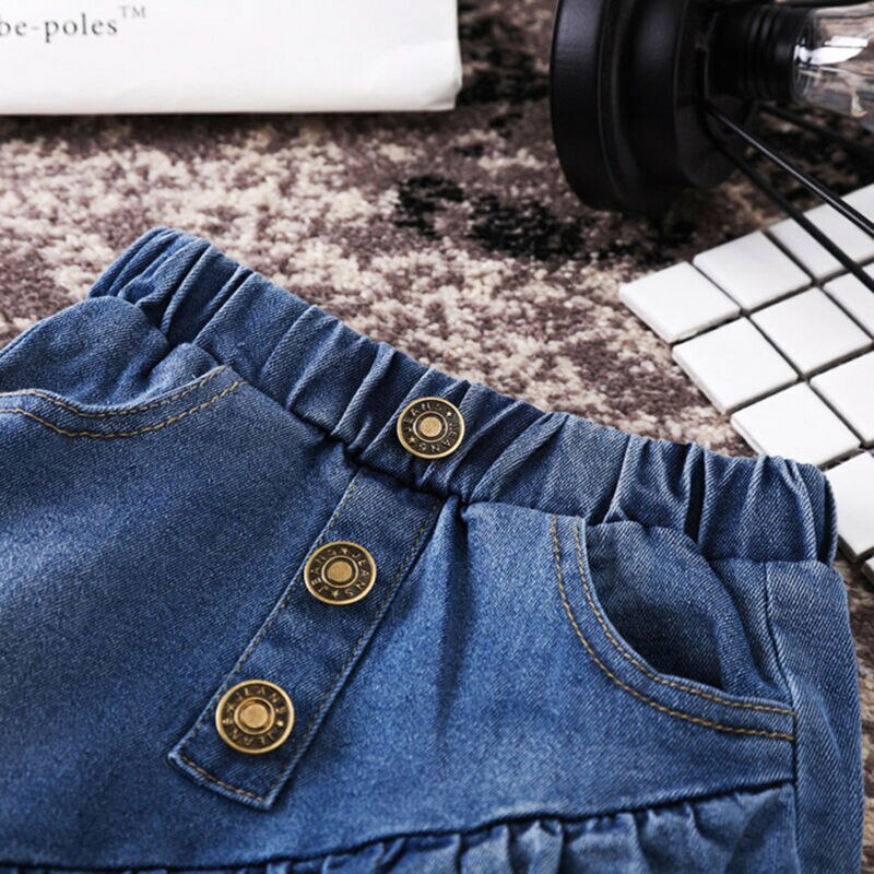 CANIS di Estate Del Bambino Delle Ragazze Dei Capretti Blu Denim Mini Skirt Ruffles Pulsante di Modo Bello Pannello Esterno Del Jean casual