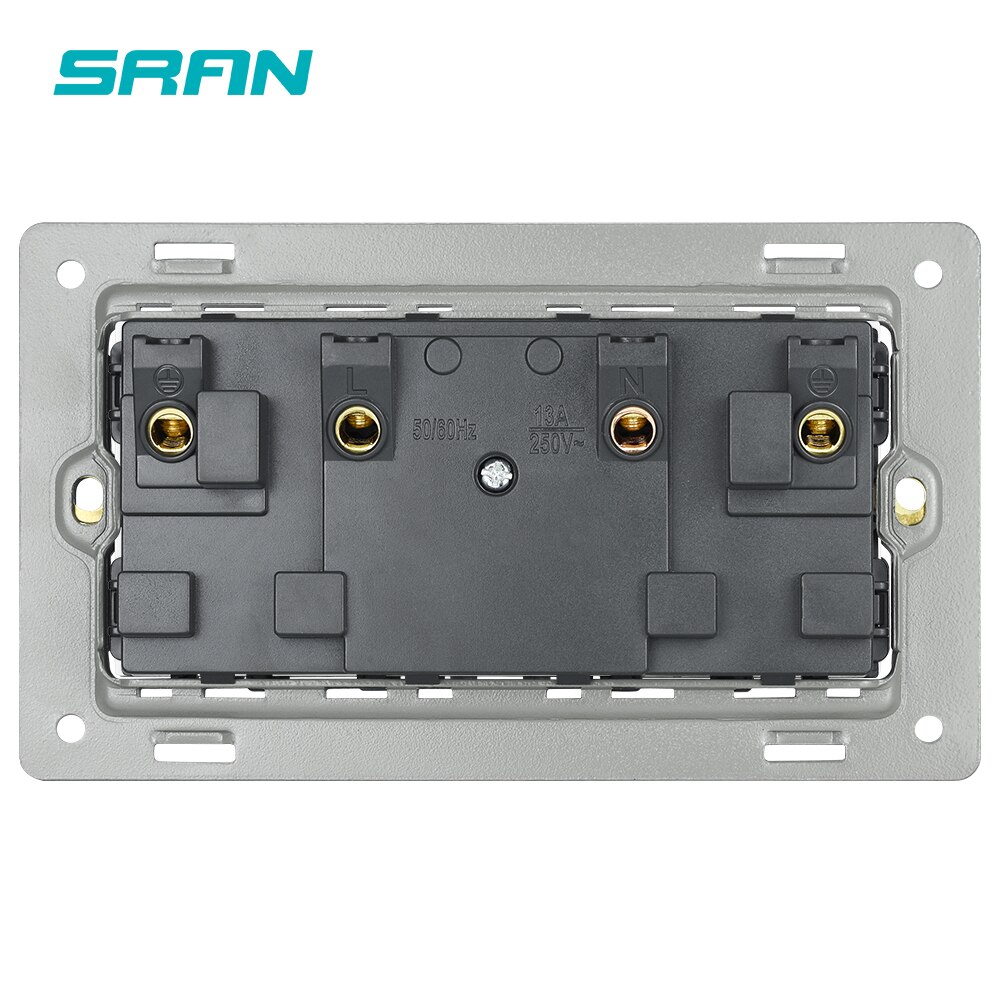 SRAN dual power socket UK,2gang 13a with switch flame retardant PC panel 146mm*86mm with LED indicator wall socket uk