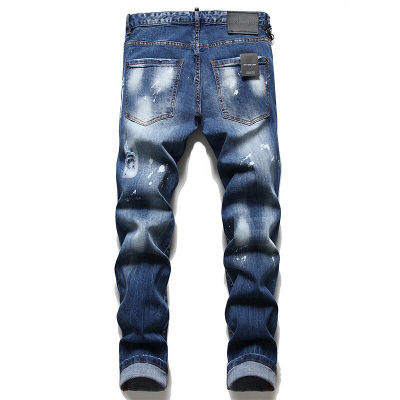 Ikon blå merke maling revet skrog vill personlighet jeans menn & #39 ;s nedre denim bukser lomme glidelås merking uformell Port