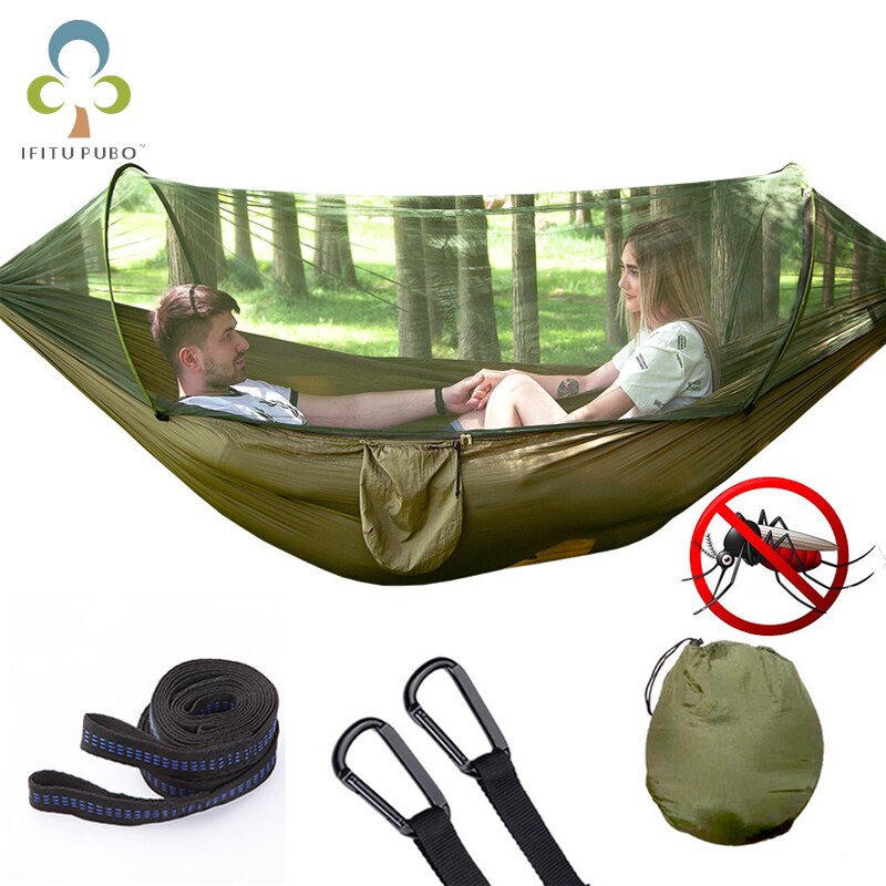 1 sæt camping hængekøje med myggenet pop-up lys bærbar udendørs faldskærm hængekøjer sving sovende hængekøje camping ting zxh