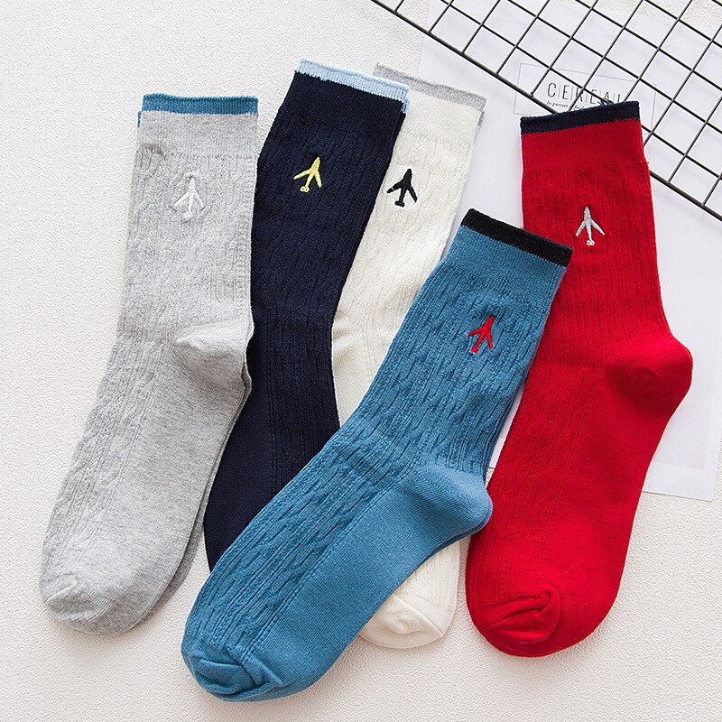 Embroidery Aircraft Airplane Women Men Business Dress Cotton Crew Socks Brand Novelty Funny White