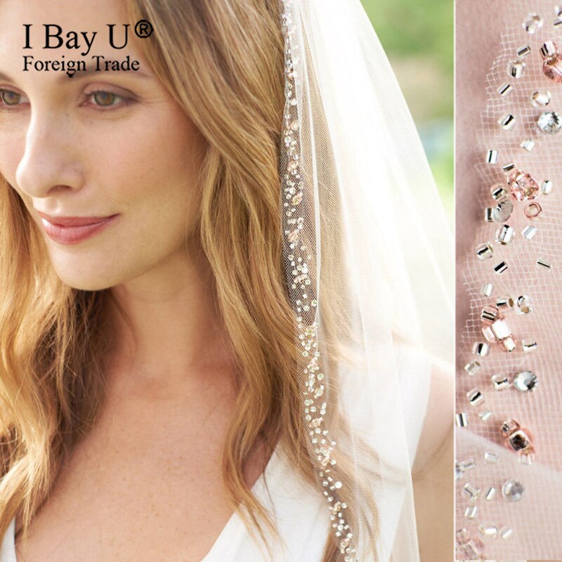 Roségouden kralenrand bruidssluier handgemaakte blush kralen kristal bruidssluier ivoor tule vingertop sluier bruidsaccessoire: Ivoor